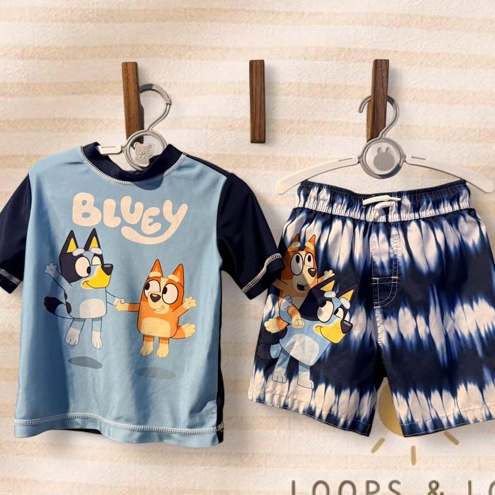 4T Bluey swim set with blue and white tie-dye pattern